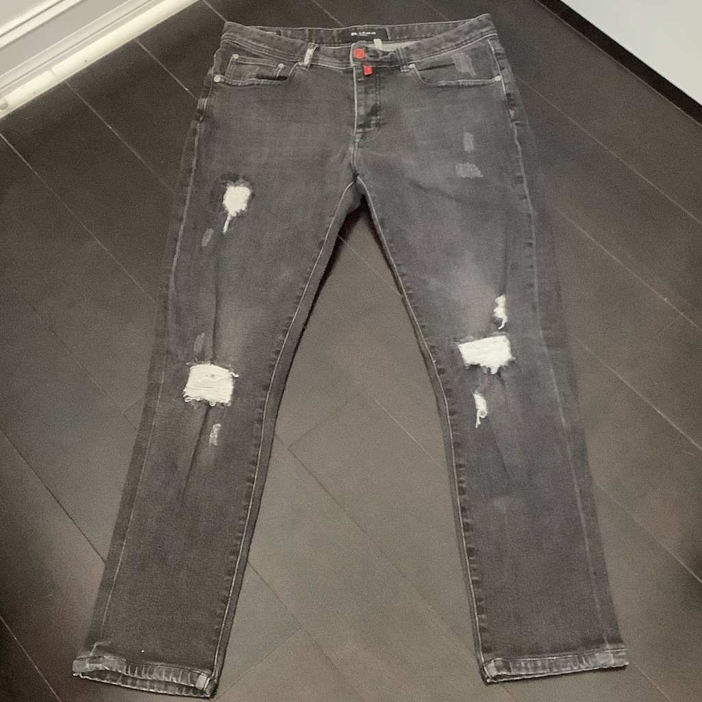 Kiton Napoli Dark Gray Skinny Distressed Jeans, Made In Italy, Size 34